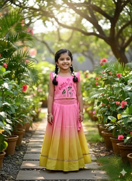 Pink yellow Pulmy Silk Lehenga Choli with Kalamkari Print for Festive Wear Girls Wear