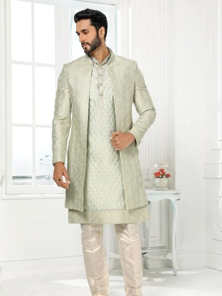 Pista Art Silk Jacket Set with Aligadhi Pant for Wedding Wear at Wholesale Rate Mens Wear