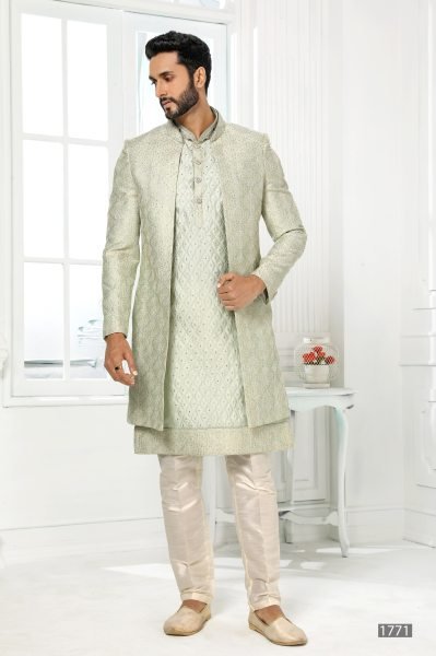 Pista Art Silk Jacket Set with Aligadhi Pant for Wedding Wear at Wholesale Rate Kurta Pajama Wholesale