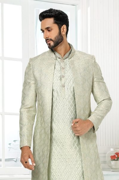 Pista Art Silk Jacket Set with Aligadhi Pant for Wedding Wear at Wholesale Rate Kurta Pajama Wholesale