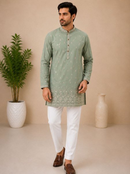 Pista Boutique Style Men's Short Kurta with Embroidered Front and Back Design Mens Wear