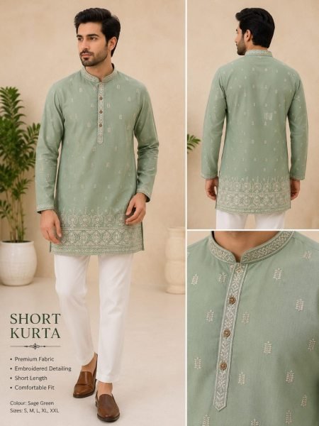 Pista Boutique Style Men's Short Kurta with Embroidered Front and Back Design Mens Short Kurta