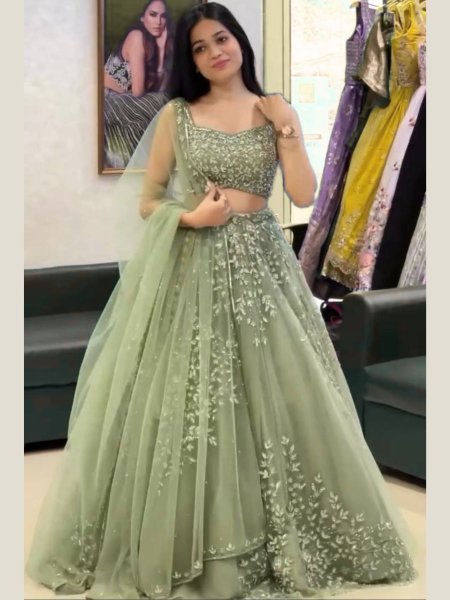 Pista Butterfly Net Lehenga with Sequence Work for Wedding Wear  Lehenga
