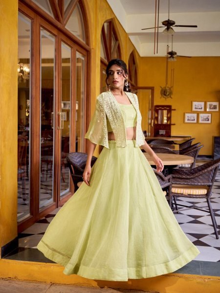 Pista Crush Silk Indo-Western Crop Top Lehenga Choli With Jacket For Carnival Party   Bollywood Lehenga Choli