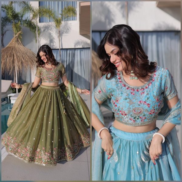 Pista Fendi Silk Designer Embroidered Lehenga with Matching Dupatta for Festive Wear Designer Lehenga Choli
