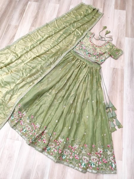 Pista Fendi Silk Designer Embroidered Lehenga with Matching Dupatta for Festive Wear Designer Lehenga Choli