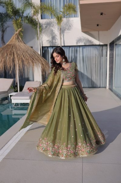 Pista Fendi Silk Designer Embroidered Lehenga with Matching Dupatta for Festive Wear Designer Lehenga Choli