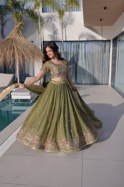 Pista Fendi Silk Designer Embroidered Lehenga with Matching Dupatta for Festive Wear Designer Lehenga Choli
