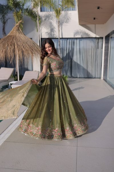 Pista Fendi Silk Designer Embroidered Lehenga with Matching Dupatta for Festive Wear Designer Lehenga Choli