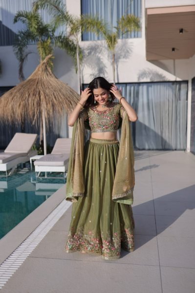 Pista Fendi Silk Designer Embroidered Lehenga with Matching Dupatta for Festive Wear Designer Lehenga Choli