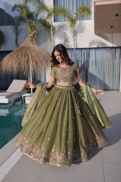 Pista Fendi Silk Designer Embroidered Lehenga with Matching Dupatta for Festive Wear Designer Lehenga Choli