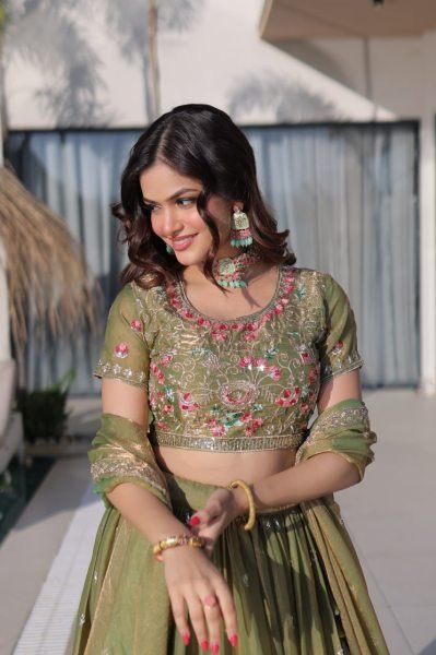 Pista Fendi Silk Designer Embroidered Lehenga with Matching Dupatta for Festive Wear Designer Lehenga Choli