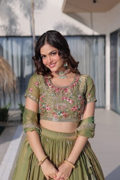 Pista Fendi Silk Designer Embroidered Lehenga with Matching Dupatta for Festive Wear Designer Lehenga Choli