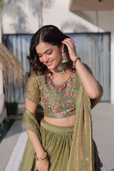 Pista Fendi Silk Designer Embroidered Lehenga with Matching Dupatta for Festive Wear Designer Lehenga Choli