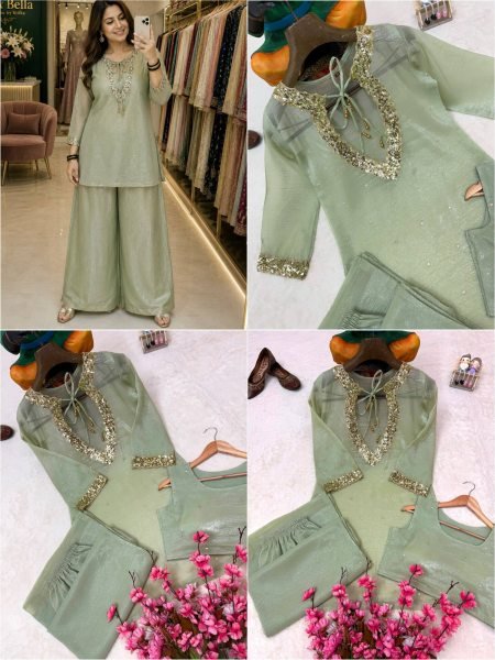 Pista Festive Wear Kurti Palazzo Blouse Set in Crunchy Silk For Boutique Collection CO ORD Sets
