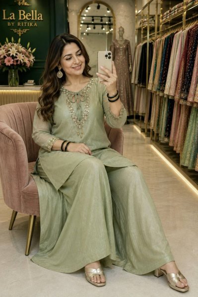 Pista Festive Wear Kurti Palazzo Blouse Set in Crunchy Silk For Boutique Collection CO ORD Sets