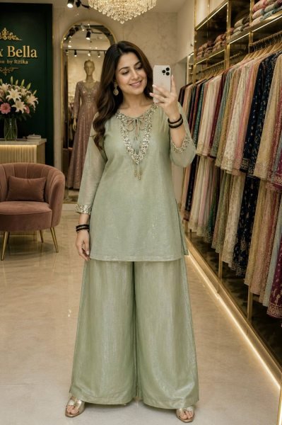 Pista Festive Wear Kurti Palazzo Blouse Set in Crunchy Silk For Boutique Collection CO ORD Sets