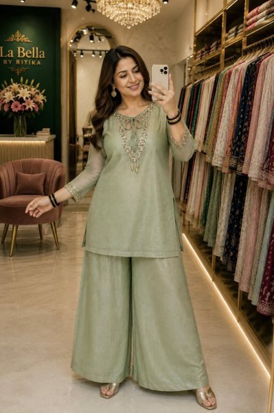 Pista Festive Wear Kurti Palazzo Blouse Set in Crunchy Silk For Boutique Collection CO ORD Sets