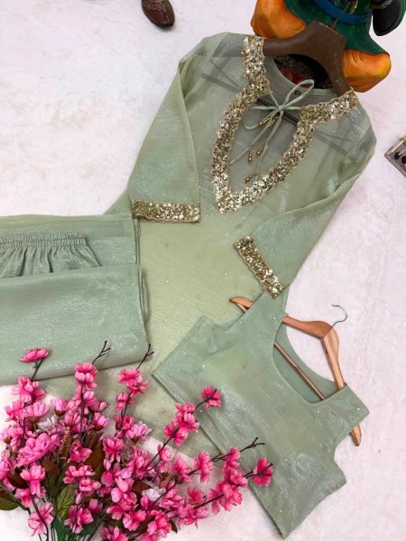 Pista Festive Wear Kurti Palazzo Blouse Set in Crunchy Silk For Boutique Collection CO ORD Sets