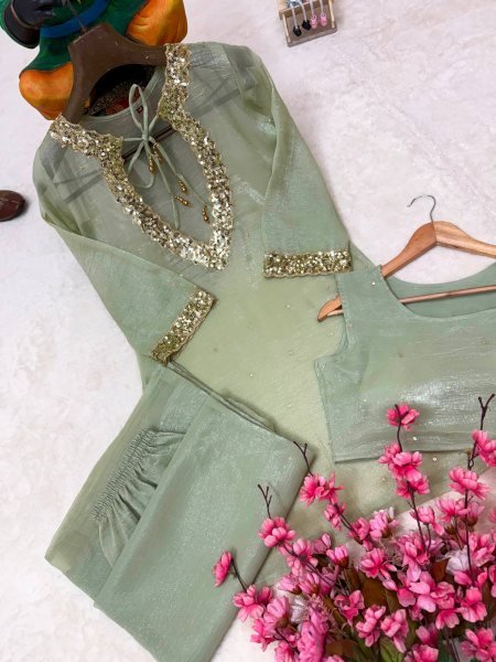 Pista Festive Wear Kurti Palazzo Blouse Set in Crunchy Silk For Boutique Collection CO ORD Sets