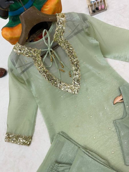 Pista Festive Wear Kurti Palazzo Blouse Set in Crunchy Silk For Boutique Collection CO ORD Sets