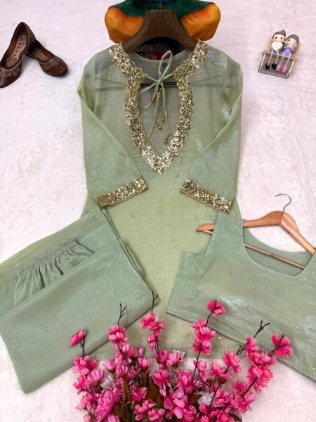 Pista Festive Wear Kurti Palazzo Blouse Set in Crunchy Silk For Boutique Collection CO ORD Sets