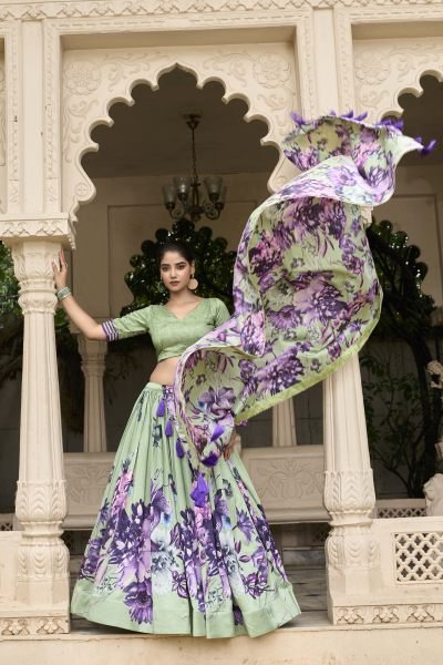 Pista Floral Print Tussar Silk Lehenga Choli With With Dupatta Indian Lehenga Designer Lehenga Choli