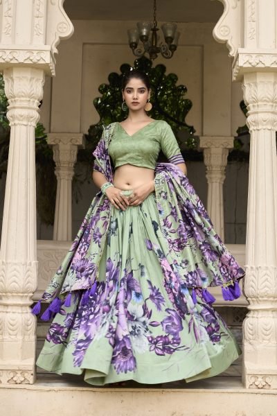 Pista Floral Print Tussar Silk Lehenga Choli With With Dupatta Indian Lehenga Designer Lehenga Choli