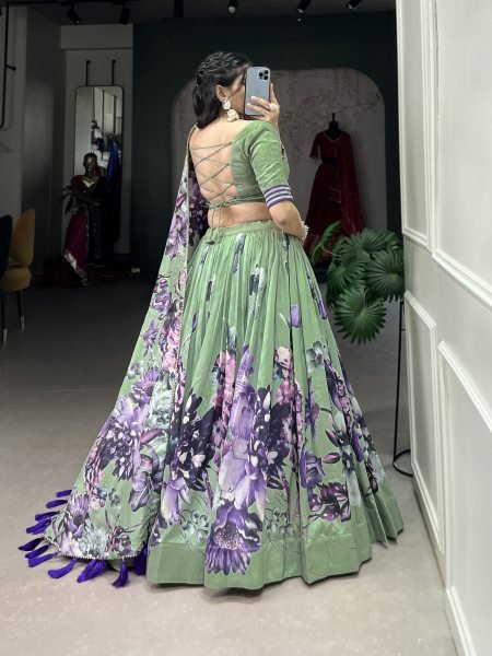 Pista Floral Print Tussar Silk Lehenga Choli With With Dupatta Indian Lehenga Designer Lehenga Choli