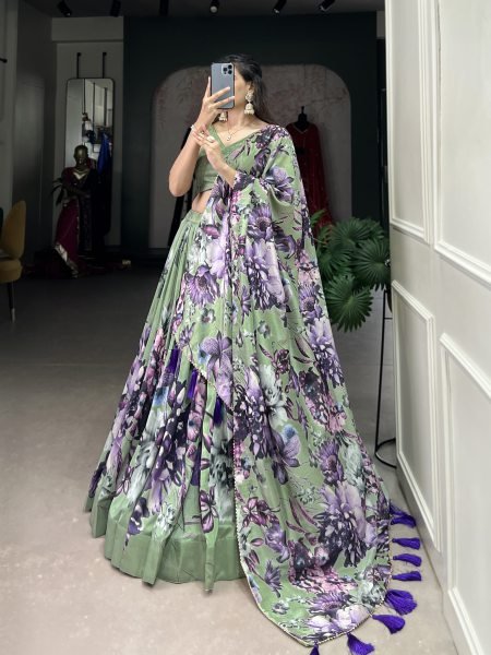 Pista Floral Print Tussar Silk Lehenga Choli With With Dupatta Indian Lehenga Designer Lehenga Choli