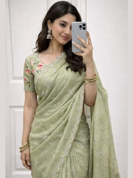 Pista Georgette Crush Saree with Embroidery Butti and Arka Border for Party Wear Sarees 