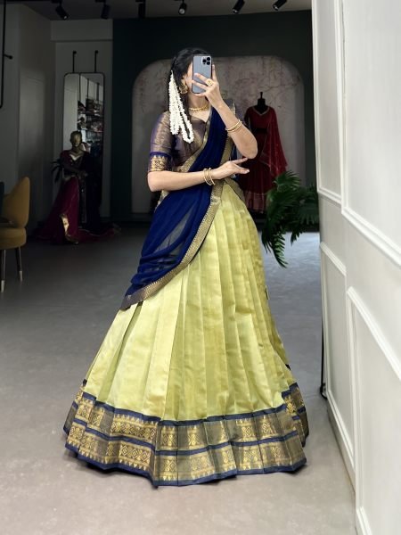 Pista Green Color Zari Weaving Kachipuram Trendy Lehenga Choli Half Saree Lehenga