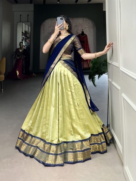 Pista Green Color Zari Weaving Kachipuram Trendy Lehenga Choli Half Saree Lehenga