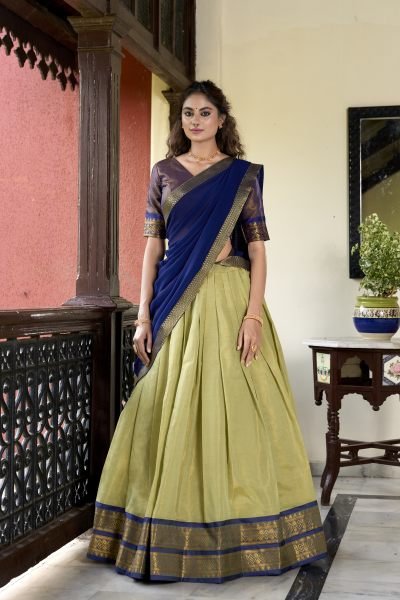 Pista Green Color Zari Weaving Kachipuram Trendy Lehenga Choli Half Saree Lehenga