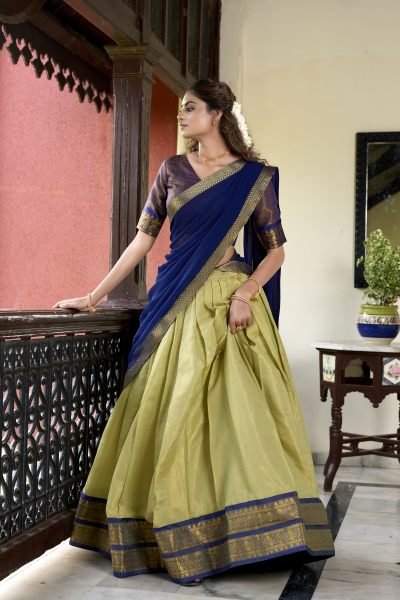 Pista Green Color Zari Weaving Kachipuram Trendy Lehenga Choli Half Saree Lehenga