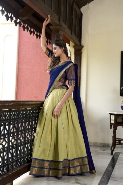 Pista Green Color Zari Weaving Kachipuram Trendy Lehenga Choli Half Saree Lehenga