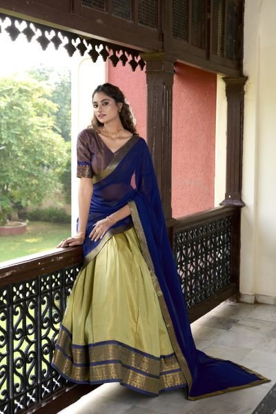 Pista Green Color Zari Weaving Kachipuram Trendy Lehenga Choli Half Saree Lehenga