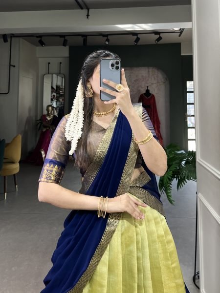 Pista Green Color Zari Weaving Kachipuram Trendy Lehenga Choli Half Saree Lehenga