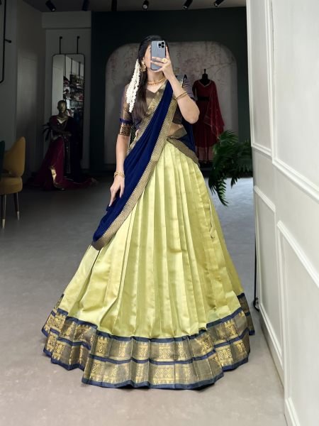 Pista Green Color Zari Weaving Kachipuram Trendy Lehenga Choli Half Saree Lehenga