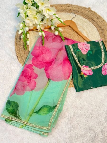 Pista Green Digital Print Casual Wear Organza Wholesale Saree  Organza Sarees Wholesale