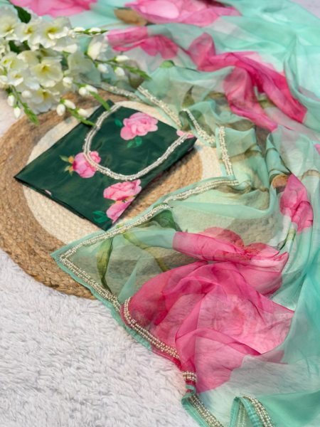 Pista Green Digital Print Casual Wear Organza Wholesale Saree  Organza Sarees Wholesale