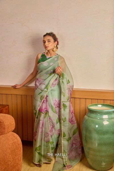 Pista Green Digital Print Casual Wear Organza Wholesale Saree  Organza Sarees Wholesale