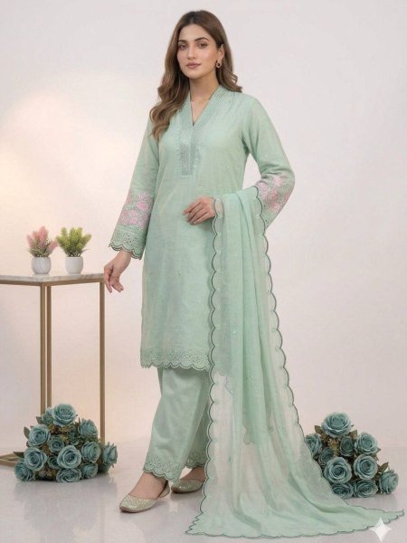 Pista Green Glow Mal Chanderi Sequence Cut Work Suit Set For Special Occasions With Organza Dupatta 