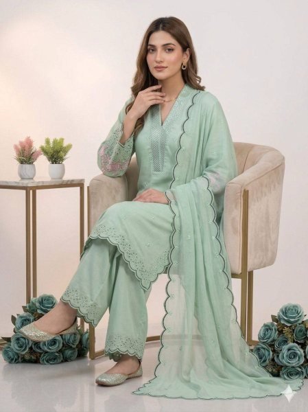 Pista Green Glow Mal Chanderi Sequence Cut Work Suit Set For Special Occasions With Organza Dupatta Ready To Wear Collection
