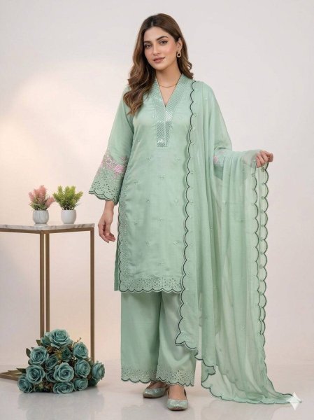 Pista Green Glow Mal Chanderi Sequence Cut Work Suit Set For Special Occasions With Organza Dupatta Ready To Wear Collection