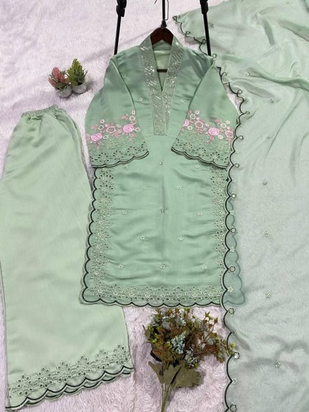 Pista Green Glow Mal Chanderi Sequence Cut Work Suit Set For Special Occasions With Organza Dupatta Ready To Wear Collection