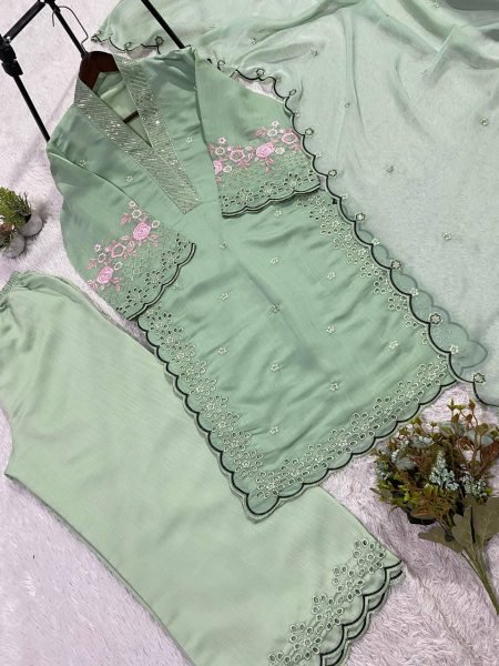 Pista Green Glow Mal Chanderi Sequence Cut Work Suit Set For Special Occasions With Organza Dupatta Ready To Wear Collection