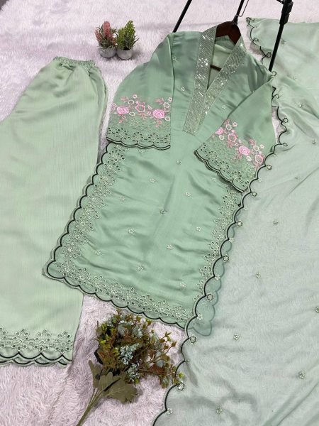 Pista Green Glow Mal Chanderi Sequence Cut Work Suit Set For Special Occasions With Organza Dupatta Ready To Wear Collection