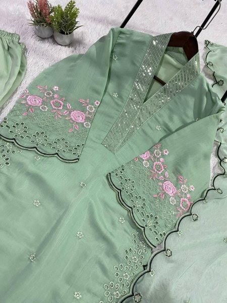 Pista Green Glow Mal Chanderi Sequence Cut Work Suit Set For Special Occasions With Organza Dupatta Ready To Wear Collection