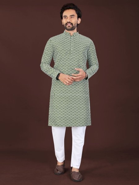 Pista Green Men Long Kurta with Mandarin Collar and Intricate Geometric Embroidery Mens Wear